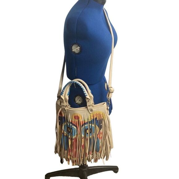 Retro Hippie Fringe With Psychedelic Owl Design Crossbody Shoulder Tote ￼14X13 - Picture 1 of 12